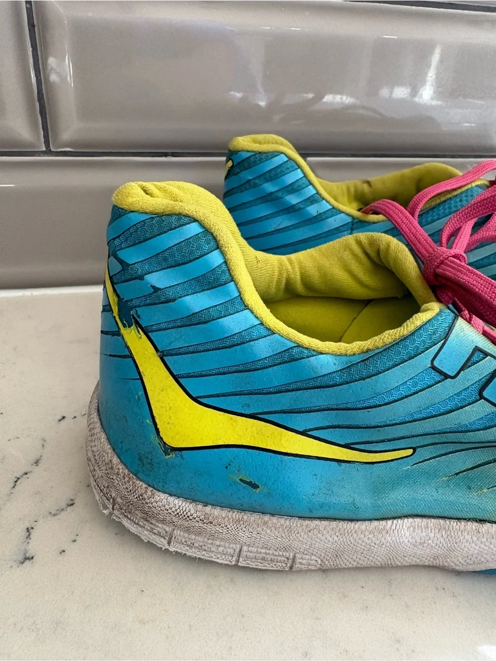 Hoka One One Women's Teal Yellow Running Shoes with Pink Laces size 10
